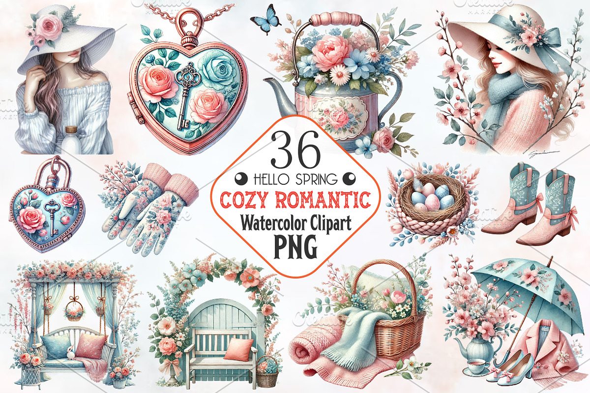 Cozy romantic spring clipart, an Illustration by RobertsArt (Photo 1 of 7)