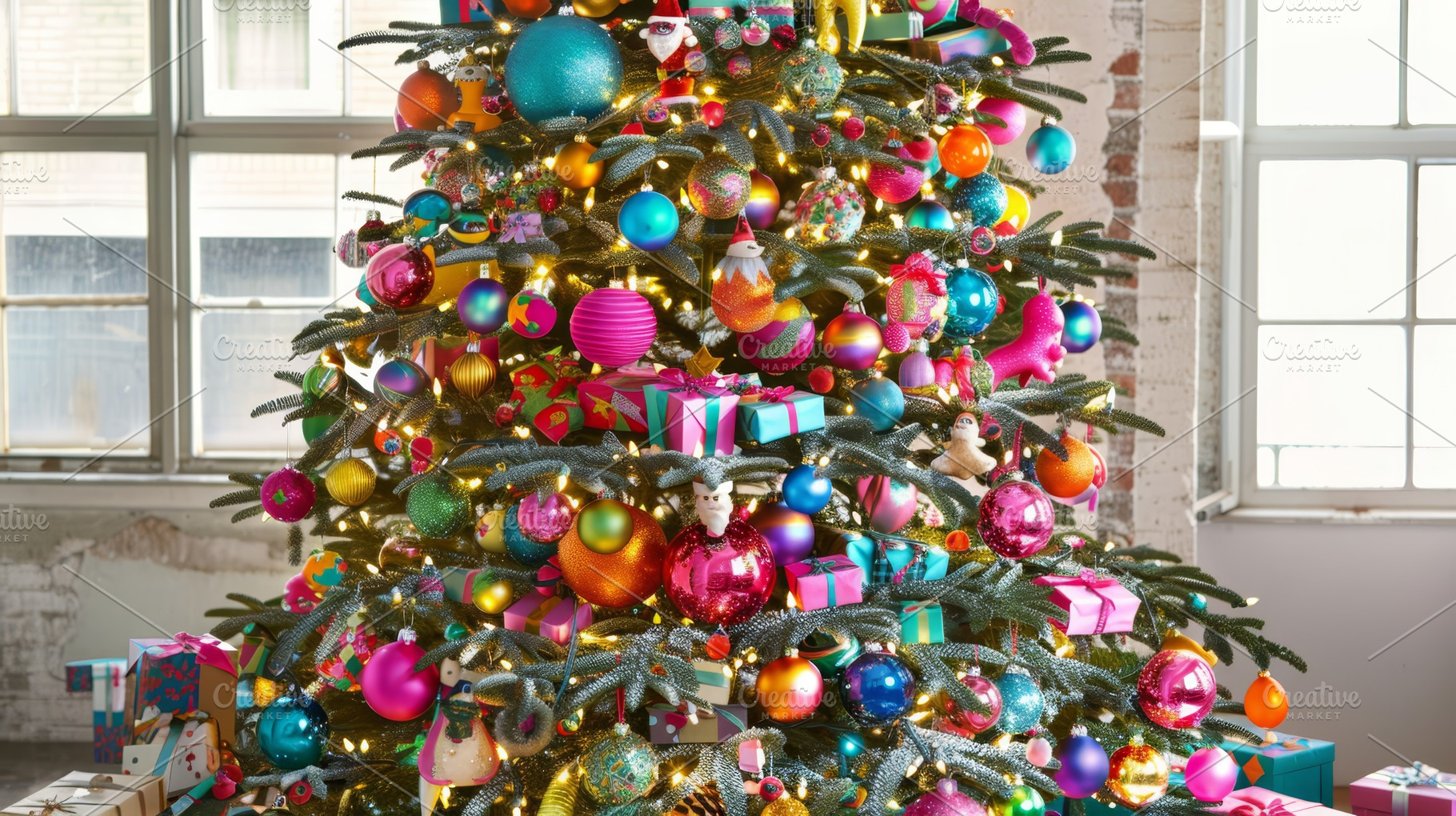 Photo of a brightly decorated Christmas tree with colorful ornaments and presen, a Holiday Photo by Mashimara
