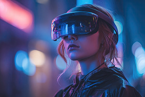 Young woman wearing a virtual reality headset in a neon-lit urba, an Abstract Photo by Ales Munt