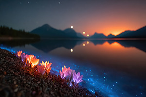 Colorful glowing flowers by a serene lake at sunset with mountains in the backg, a Photo by AlyaAnd