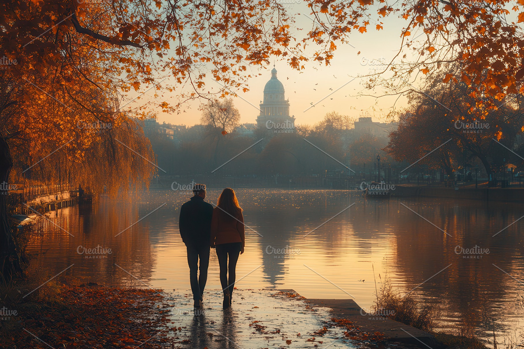 Couple walks along a peaceful riverb, a Photo by Tanuart