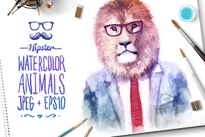 Watercolor Hipster Animals Lion