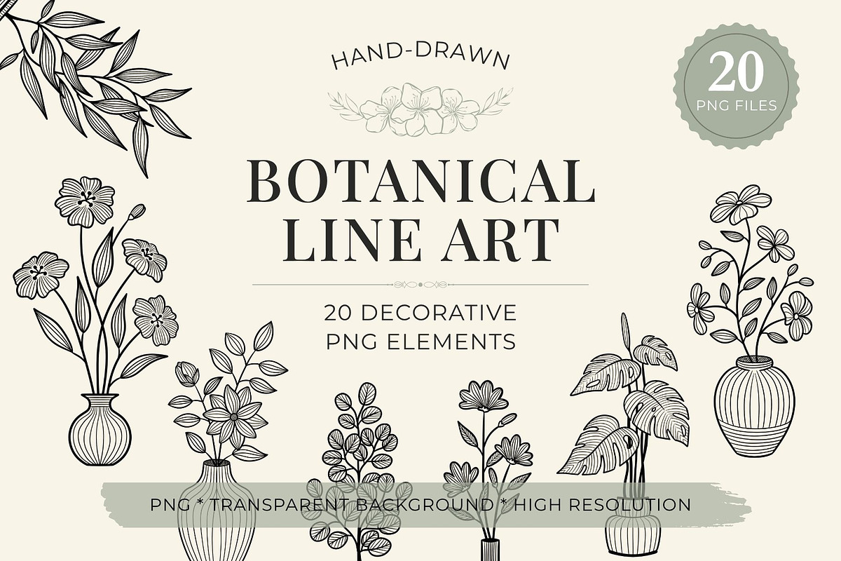 Botanical Line Art PNG Bundle, a Decorative Illustration by shielscreations (Photo 1 of 5)