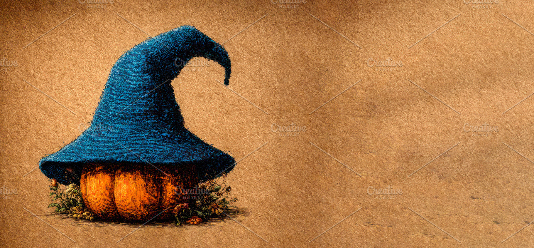 Pumpkin with large blue witch hat surrounded by autumn foliage o, a Food & Drink Photo by José Manuel Gelpi