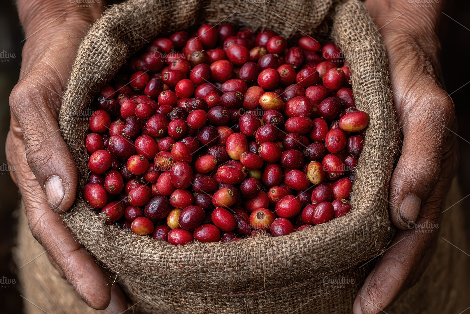 Workers hold a bag of freshly picked, a Photo by Pavel_design