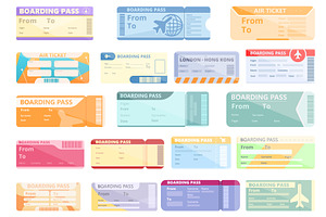 Airline Tickets Icons Set, Cartoon