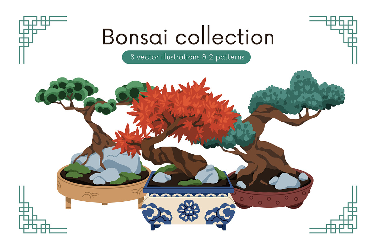 Bonsai, Japan trees set + patterns, a Decorative Illustration by Good Studio (Photo 1 of 9)