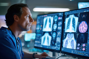 Medical professional analyzing lung scans on monitors, a Health & Medical Photo by AlyaAnd