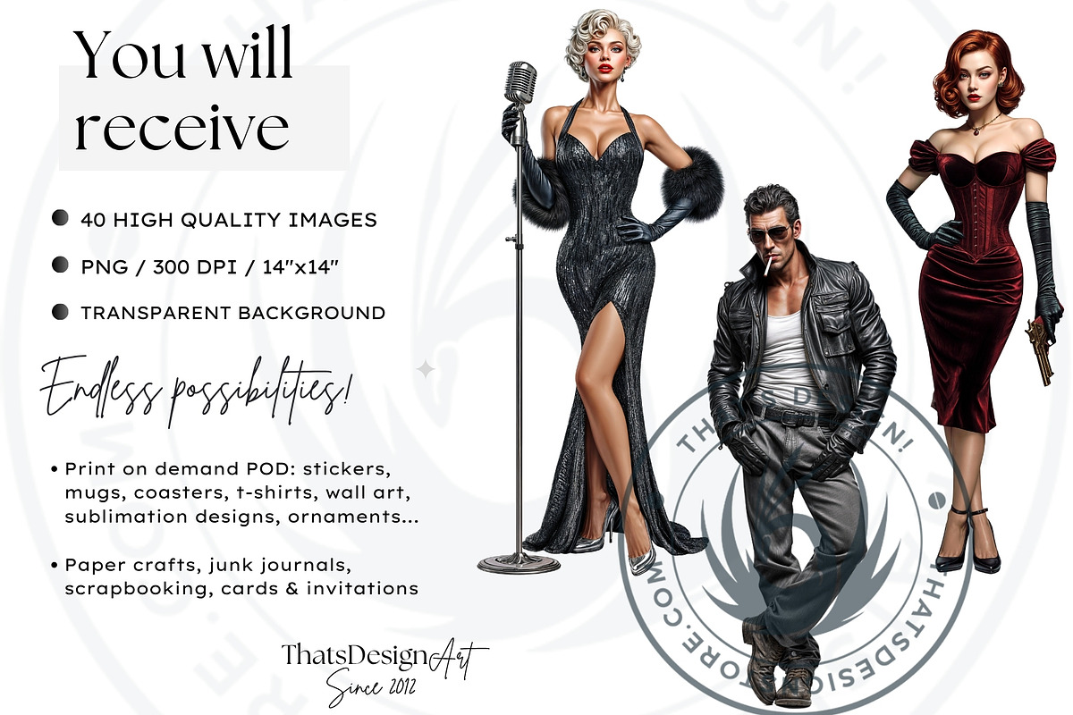 Noir Movie Characters clipart set, a Decorative Illustration by ThatsDesignArt (Photo 2 of 10)
