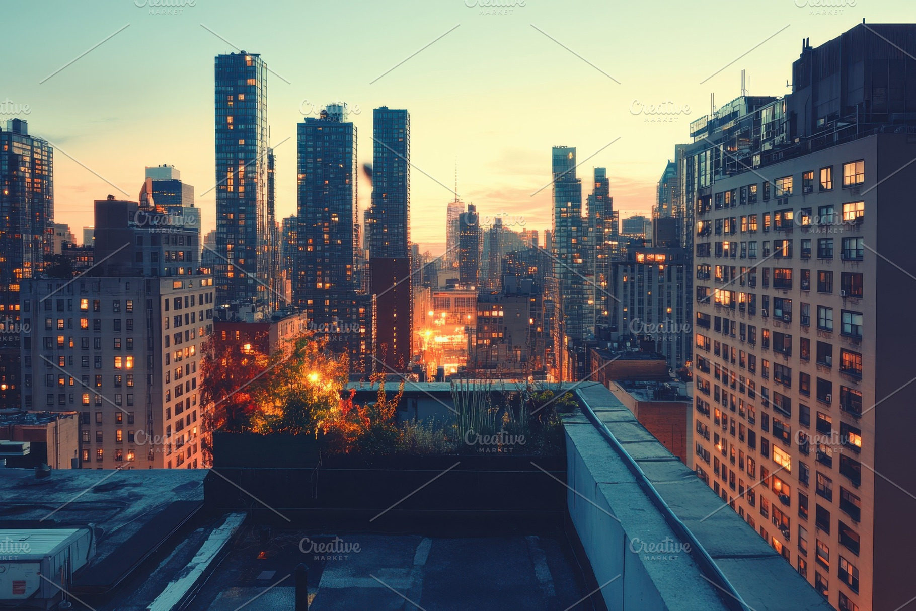 Rooftop view of NYC at sunset Skyscr, a Photo by Pixeness Studio