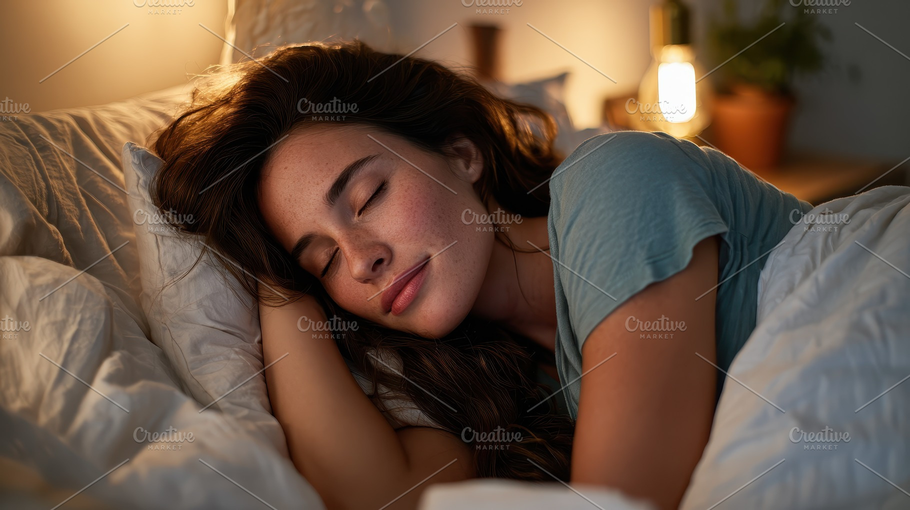 Woman sleeping peacefully in bed sof, a Photo by Pixeness Studio
