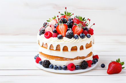 Chocolate cake with fresh berries on wooden table, a Food & Drink Photo by AlyaAnd