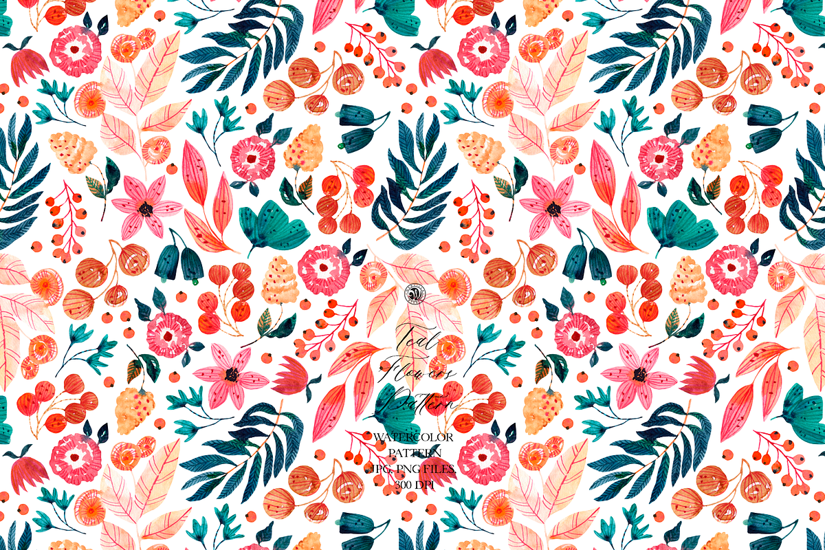 Teal Flowers Watercolor Pattern, a Pattern Graphic by Webvilla Studio (Photo 2 of 8)