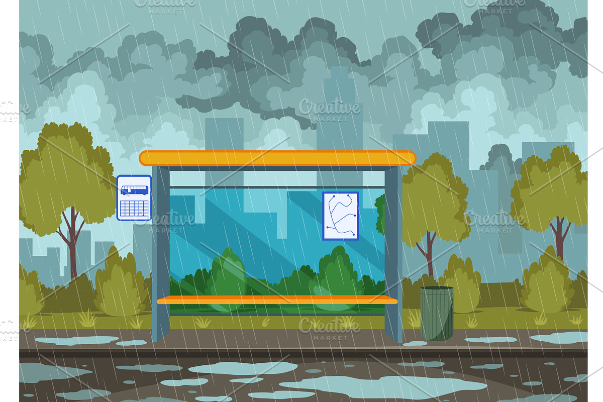 Rainy weather bus stop. Shelter from, an Illustration by the8monkey