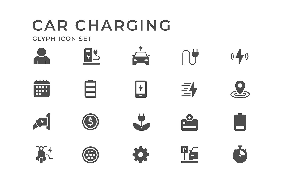 Set glyph icons of car charging, an Outline Icon by motorama (Photo 2 of 2)