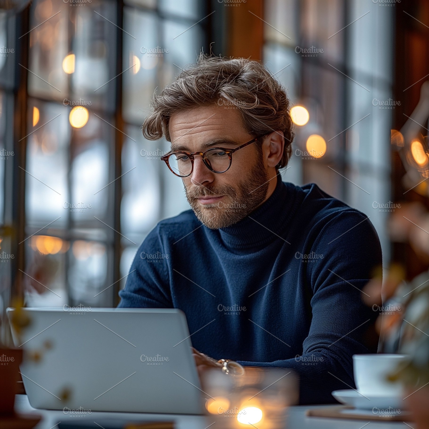 Thoughtful Caucasian male with glasses working on a laptop in a cozy coffee sho, a Person Photo by ImageMir