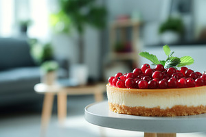 Delicious cake with frosting cream and ripe red currants, a Food & Drink Photo by AlyaAnd
