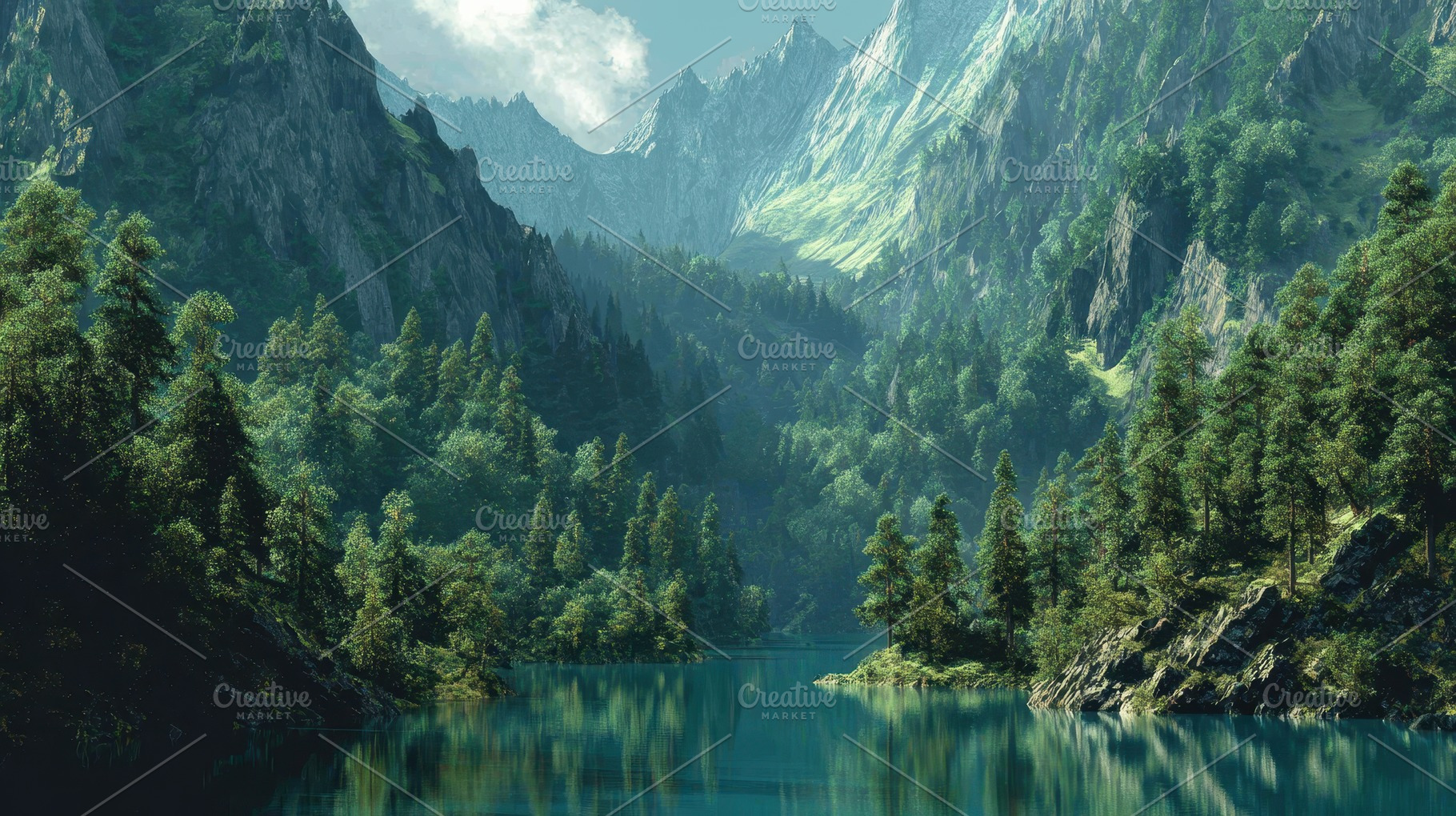 Mountain landscape with a lake, a Photo by Pavel_design