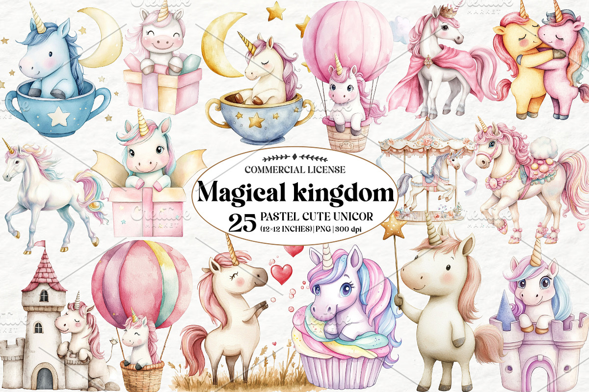 Magical Kingdom Pastel Cute Unicorn, an Illustration by Watercolor design (Photo 1 of 5)