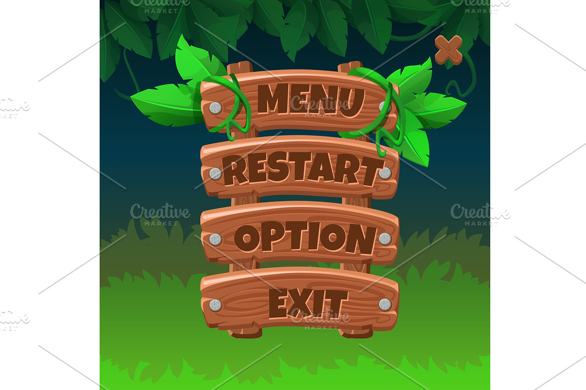 Wooden game Menu UI with buttons, a Graphic by BabySofja