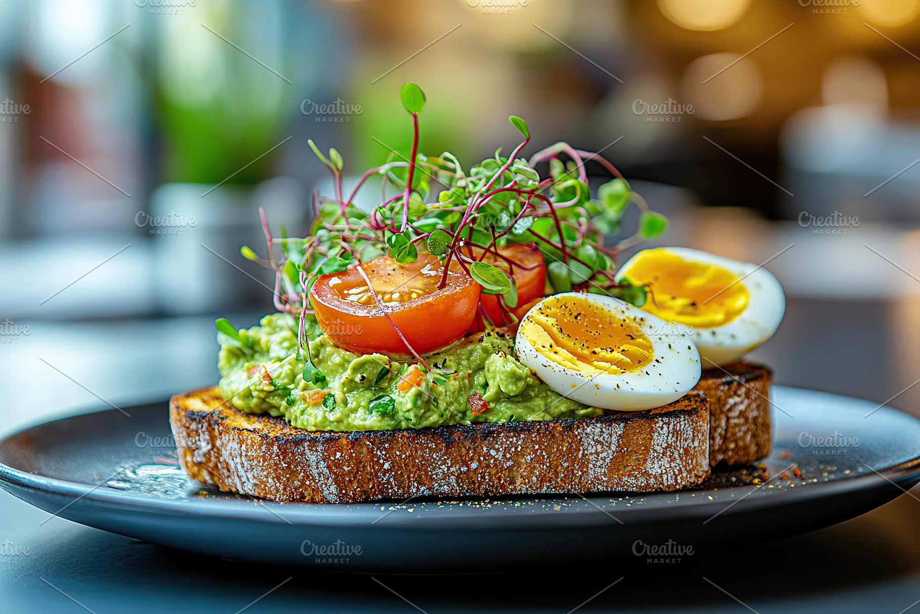 Delicious toast bread with avocado, boiled egg, tomatoes and microgreen on blur, a Food & Drink Photo by AlyaAnd