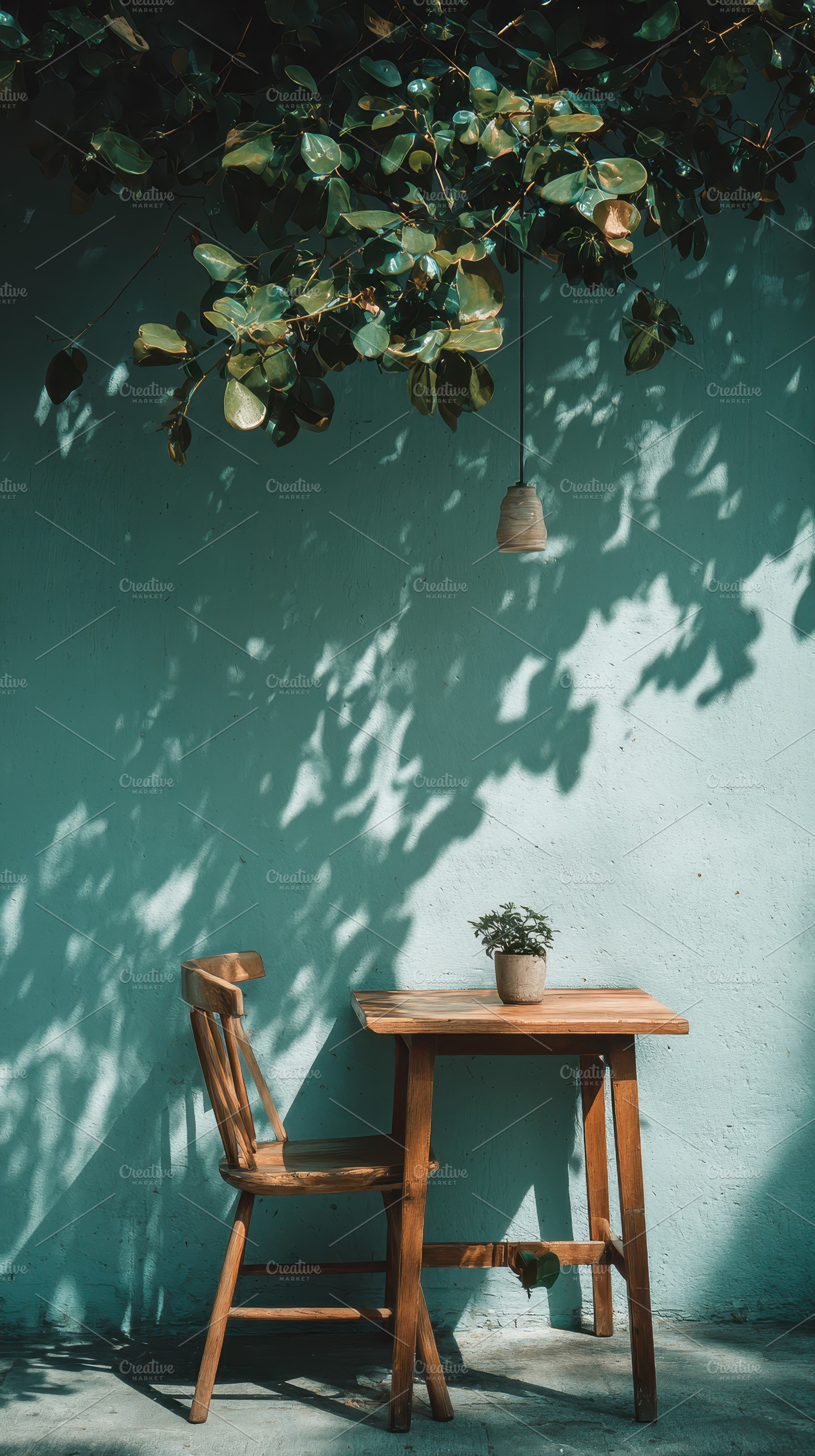 Wooden chair and table under tree sh, a Photo by Pixeness Studio