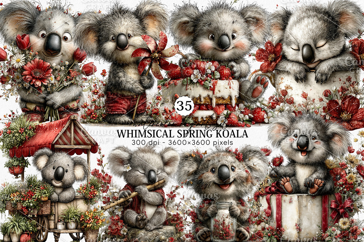 Whimsical Spring Koala Clipart PNG, an Illustration by Canvas Craft (Photo 1 of 7)