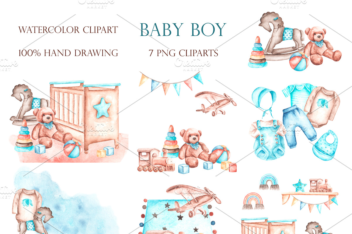 Baby boy watercolor set. Birthday., an Illustration by SabinaWatercolorArt (Photo 3 of 15)