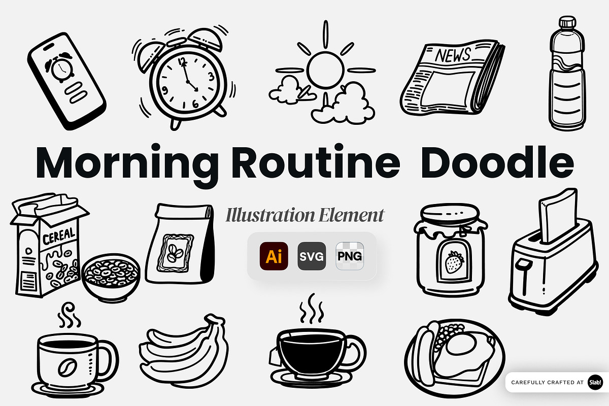 Morning Routine Doodle Illustration, an Object Graphic by SLAB! Design (Photo 1 of 3)