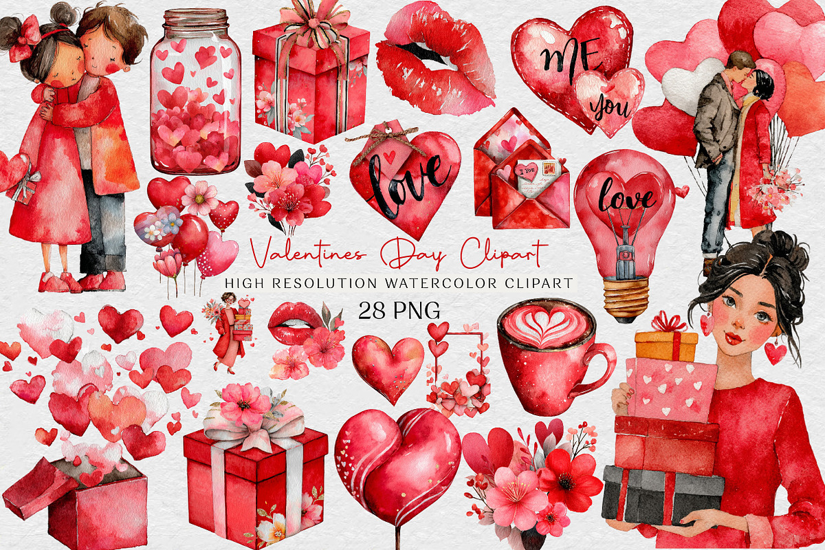 Watercolor Valentines day Clipart, an Illustration by DreamCafeArt (Photo 1 of 6)