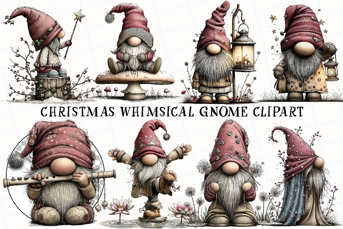 Christmas Whimsical Gnome Clipart, an Illustration by OK Design (Photo 2 of 6)