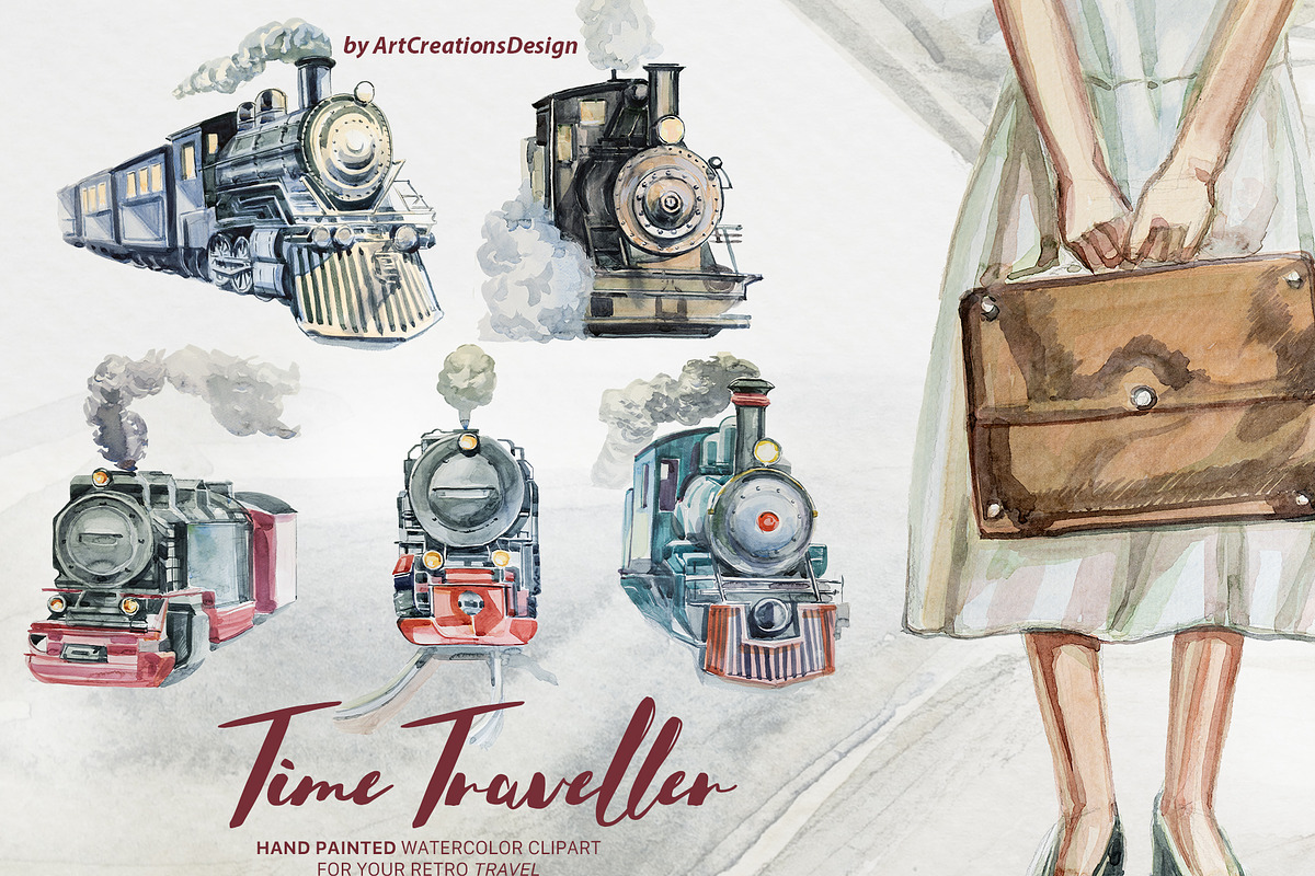 Watercolor Time Traveller Clipart, a Transportation Illustration by ArtCreationsDesign (Photo 4 of 12)