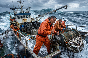 Commercial Fishermen Hauling a Catch at Sea, a Sports & Recreation Photo by Davizro's Market
