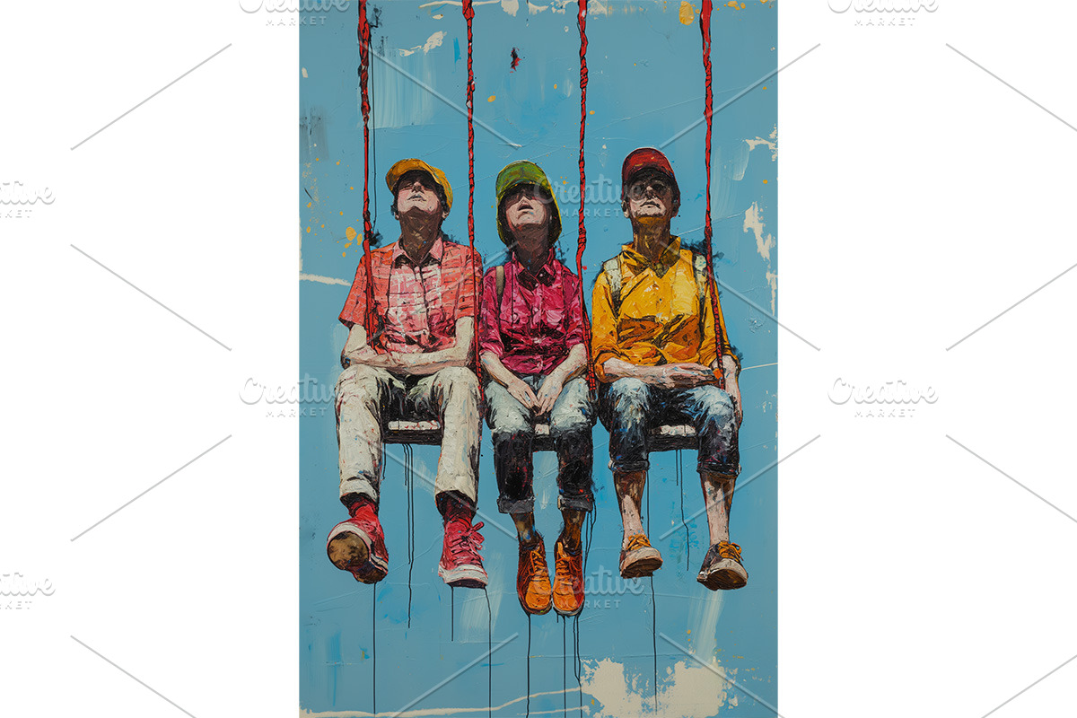 Colorful Trio on Swings Painting, a Decorative Illustration by Art Paradise Studios