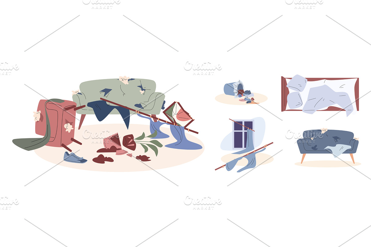 Home destroy scenes. Torn sofa and, an Object Illustration by Valerie Bodnar