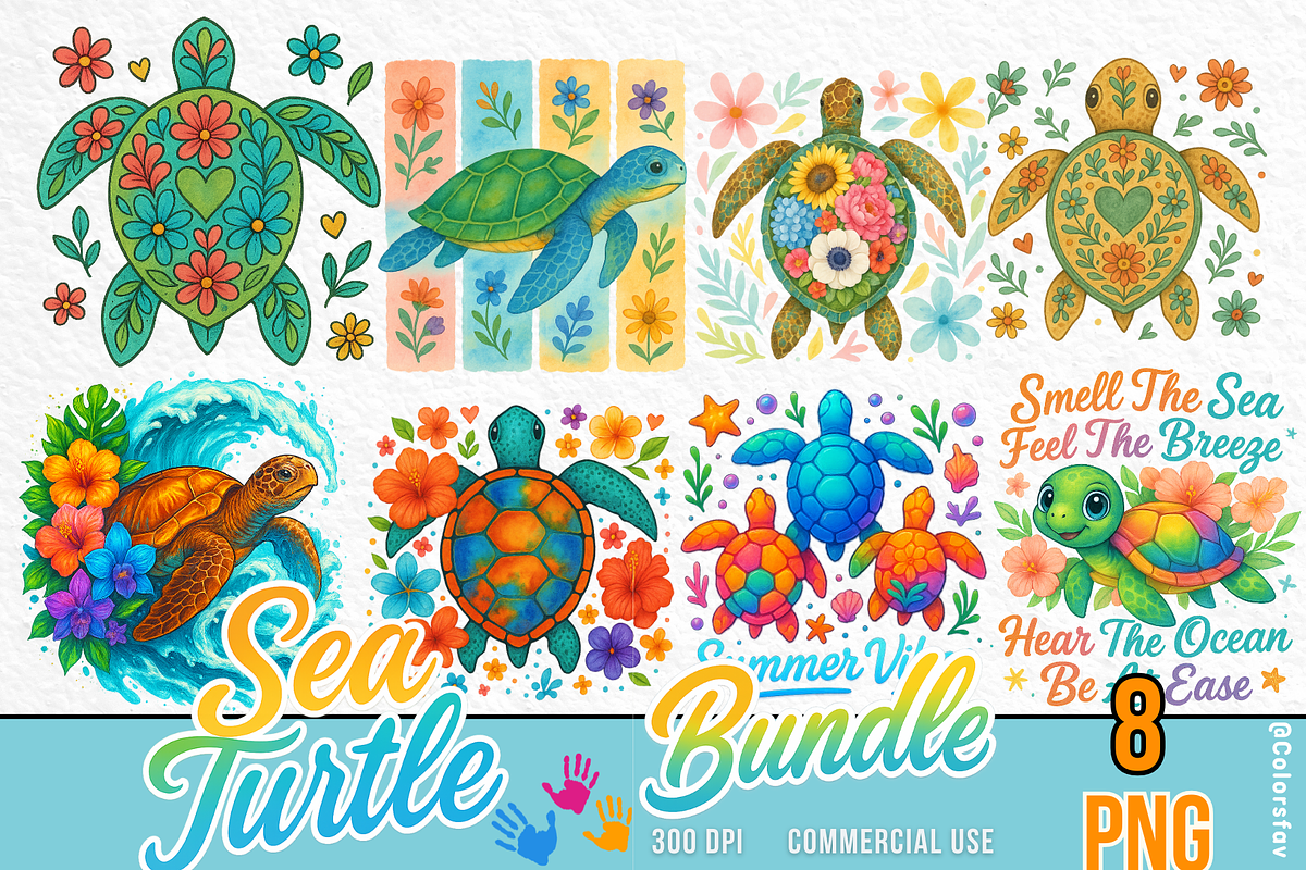 Sea Turtle Bundle Tropical Summer, an Animal Illustration by Colorsfav (Photo 1 of 9)