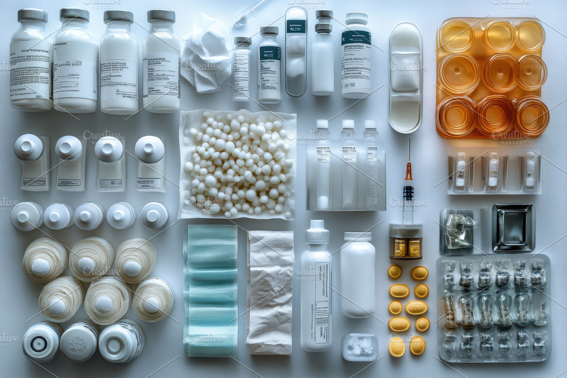 Collection of medical supplies and m, a Photo by Tanuart