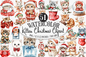 Watercolor  Kitten Christmas Clipart, an Illustration by Designking