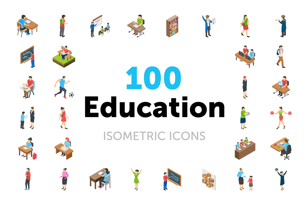 100 Education Isometric Icons, a Duotone Icon by Vectors Market (Photo 1 of 3)