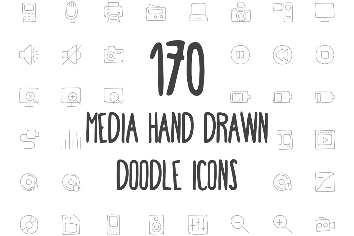 170 Media Hand Drawn Doodle Icons