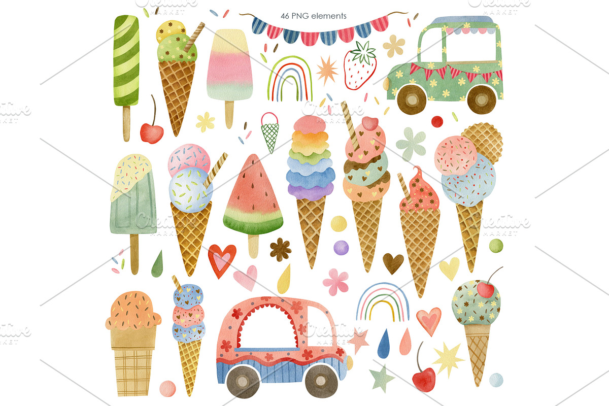 Watercolor Ice Cream Clipart., an Object Graphic by Kira Konoshenko (Photo 3 of 7)
