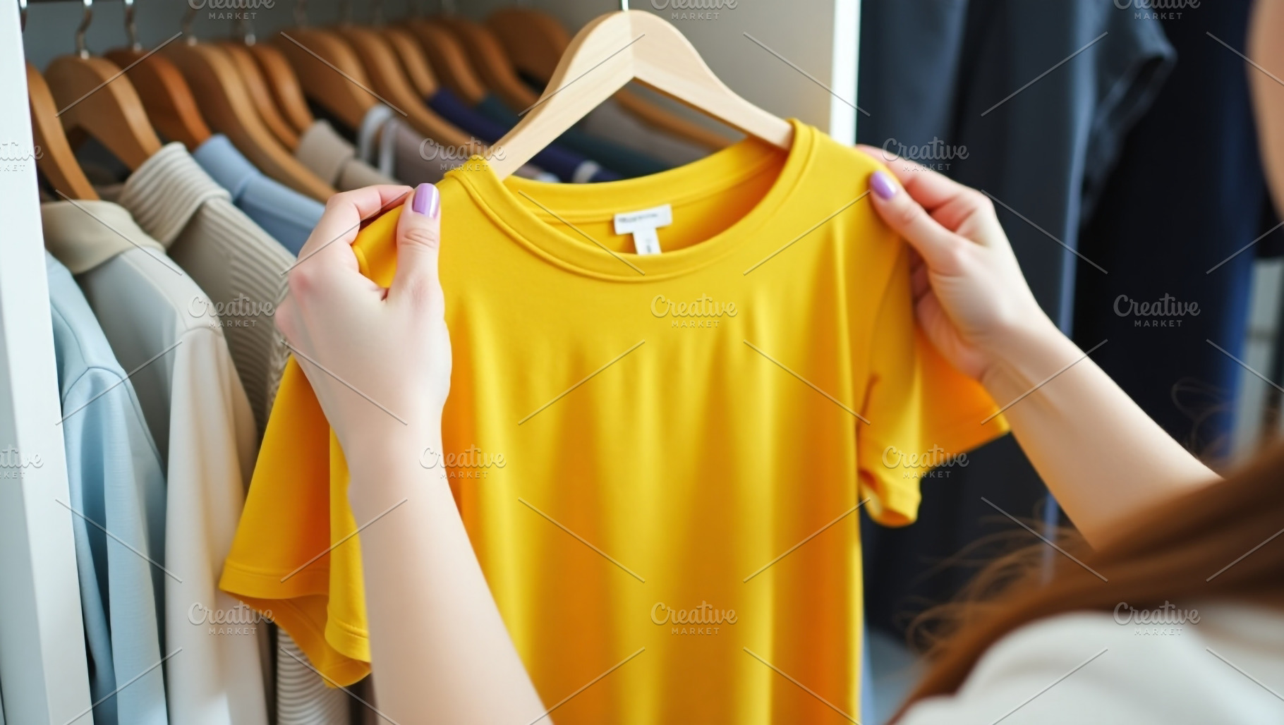 Woman Choosing a Yellow T Shirt, a Beauty & Fashion Photo by Stock Shape