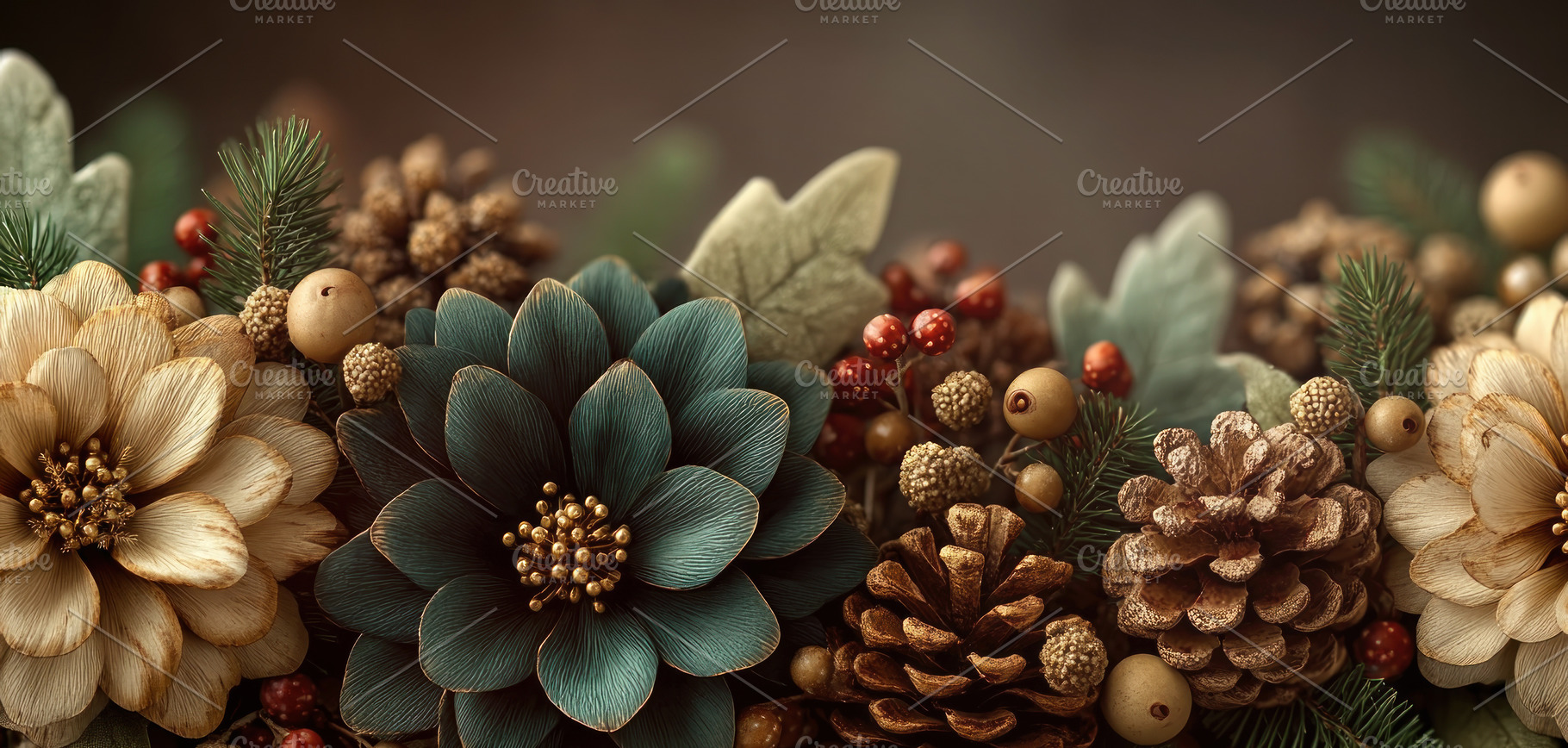 Rustic holiday floral arrangement with pinecones, berries, leave, a Holiday Photo by José Manuel Gelpi
