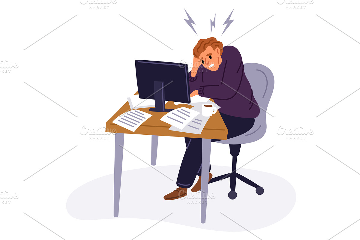 Tired young man sits at desk with, a Person Illustration by Vectorbuum