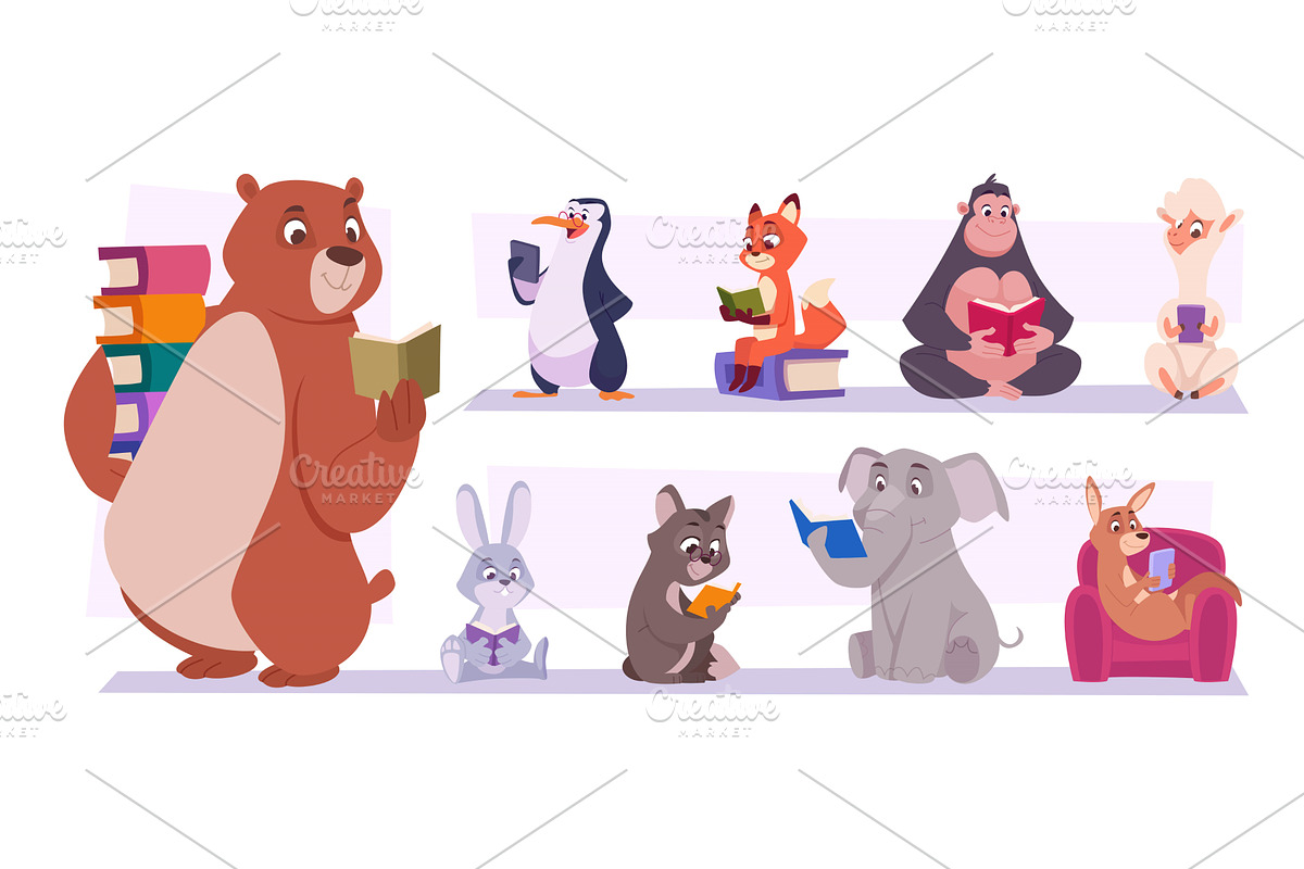 Animals with books. Cartoon cute, an Animal Illustration by Onyx