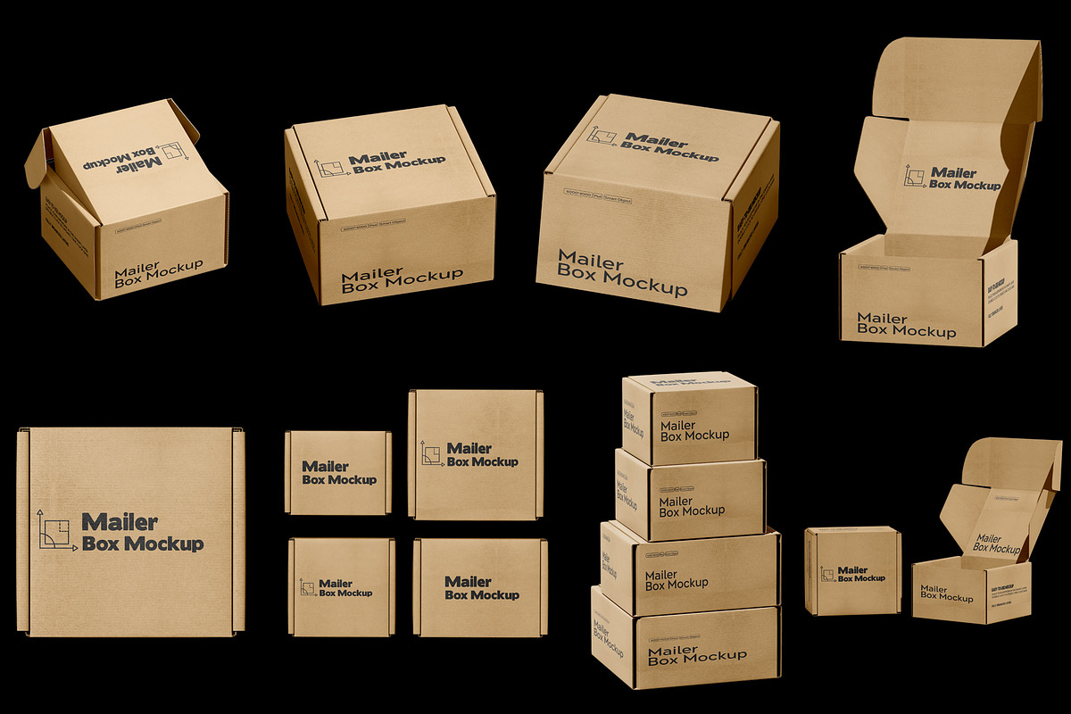 Square Kraft Mailer Box Mockup Set, a Packaging Mockup by pixelmock (Photo 2 of 16)