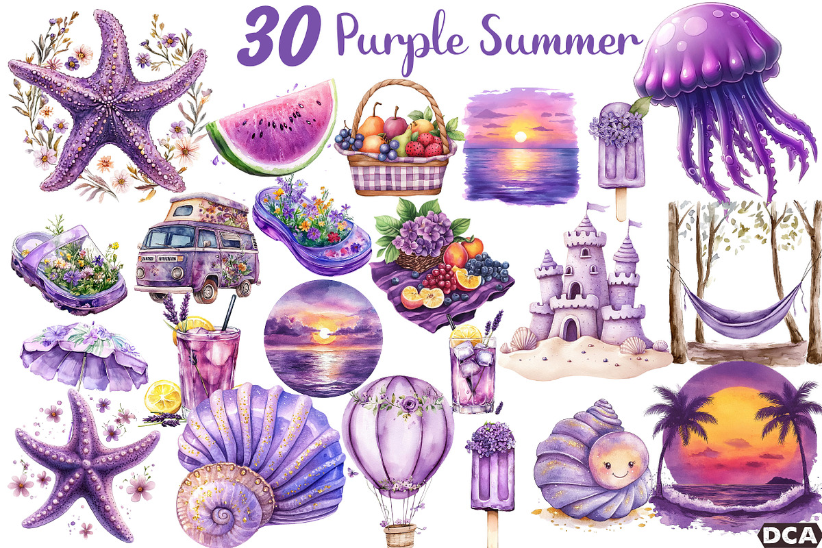 Watercolor Purple Summer Clipart, an Illustration by DreamCafeArt (Photo 1 of 3)