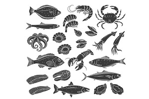 Seafood glyph icon set, an Animal Illustration by VictoriaSergeeva