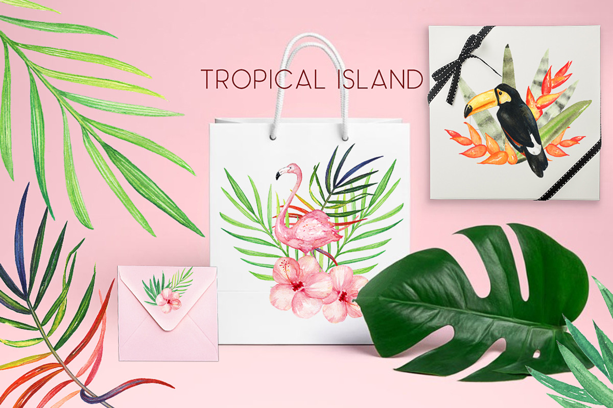Tropical island. watercolor clipart., a Decorative Illustration by LABFcreations (Photo 7 of 7)