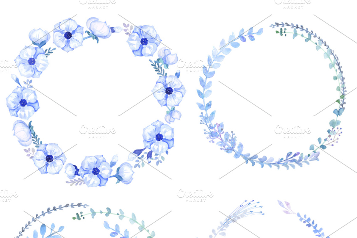 Watercolour clipart Blue Wreaths, a Decorative Illustration by AqwaColor (Photo 3 of 5)